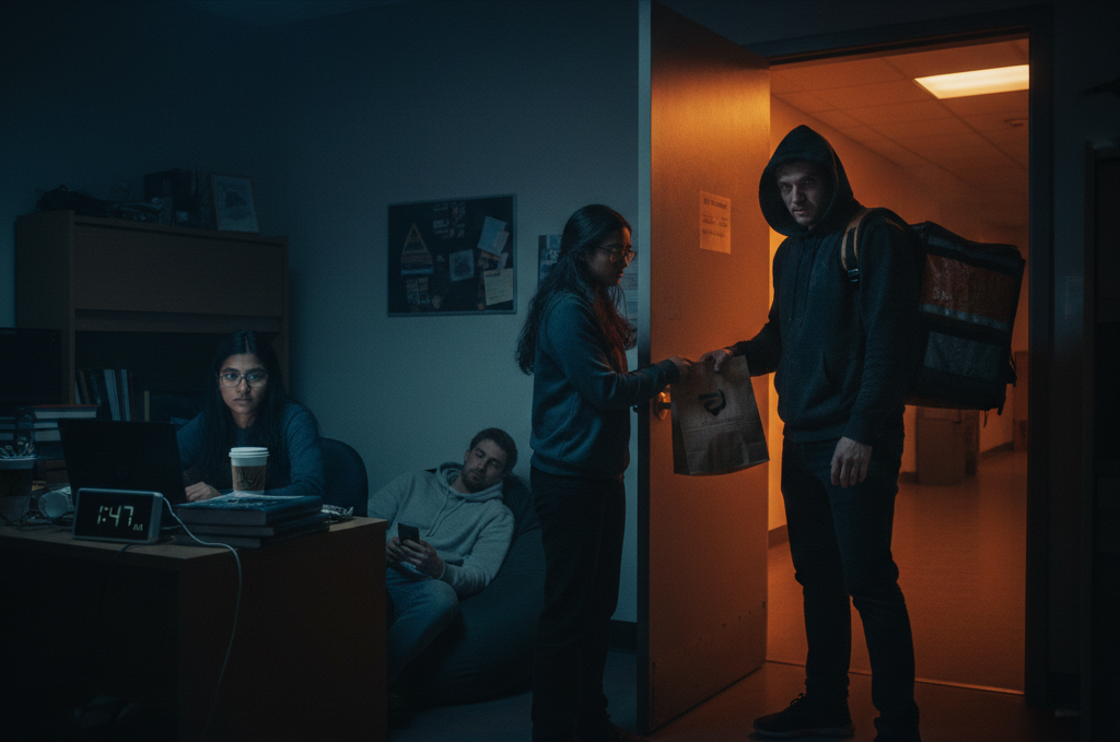 A dimly lit college dorm room at 1:47 AM where a female student looks hesitant while receiving a food delivery from a hooded courier in a dark hallway.