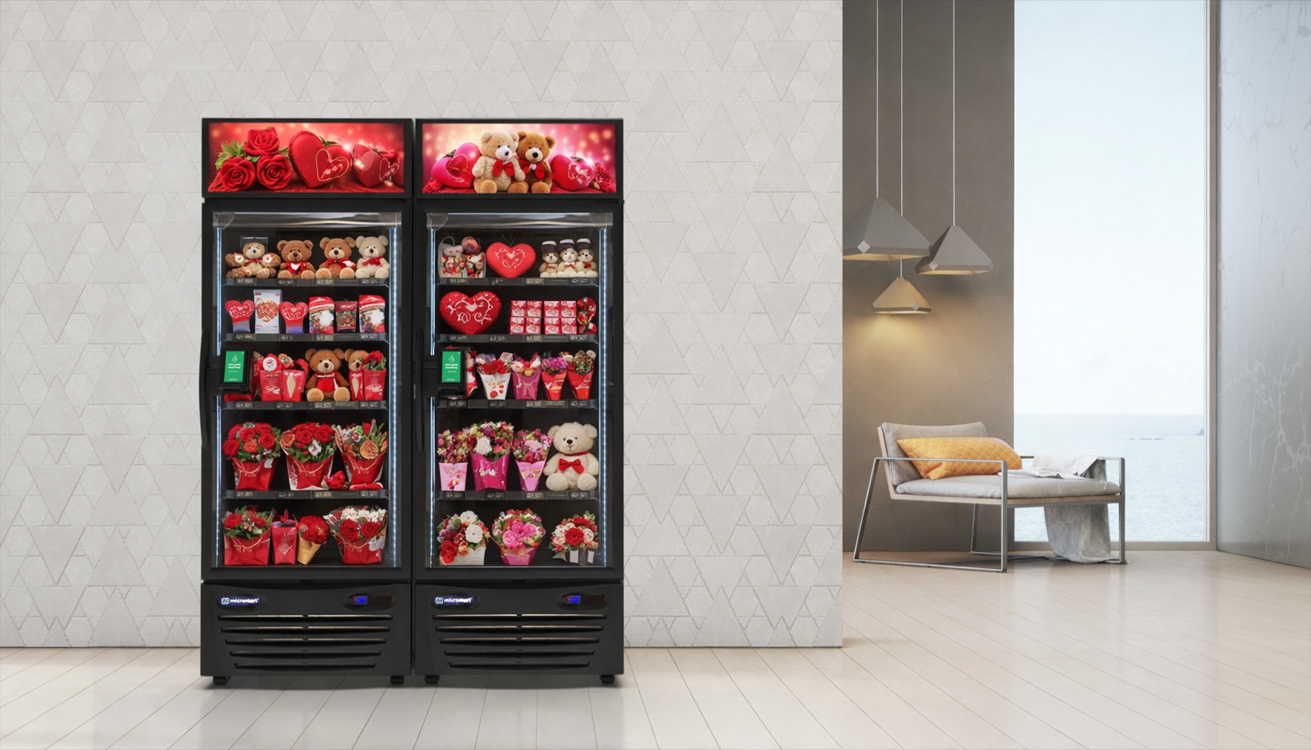 A twin-unit black smart cooler display in a high-end residential lobby. The screens at the top show vibrant red roses and teddy bears. The interior is fully stocked with red floral bouquets, heart-shaped chocolate boxes, and plush teddy bears.